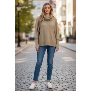 NEW Joseph A Gold Metallic Cowl Neck Sweater Lightweight Knit Womens L Stretch